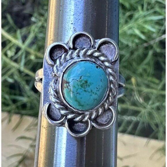 VTG Native American Old Pawn Ring Size 7 Sterling Silver Turquoise Floral 6.3g - Picture 5 of 10